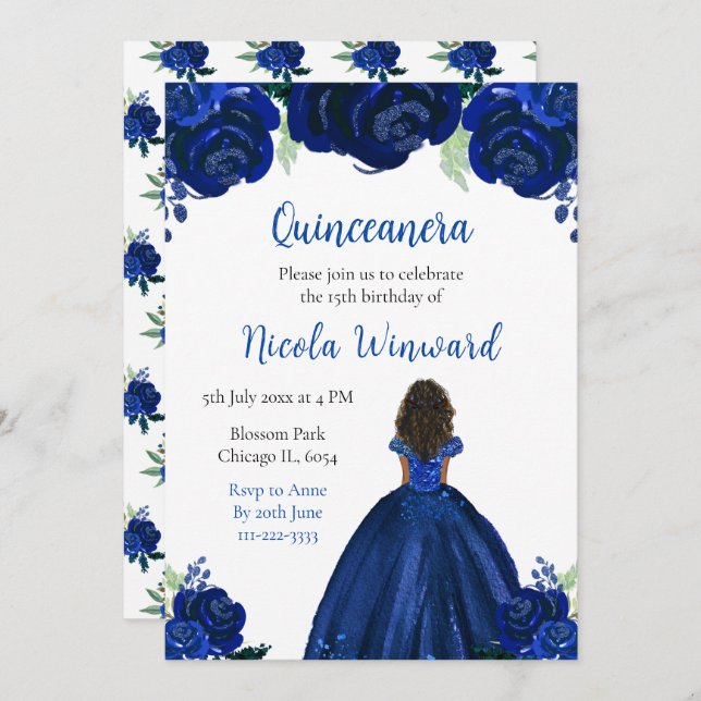 Invitación Quinceanera floral de la Marina Princesa Oscura (Anverso / Reverso)