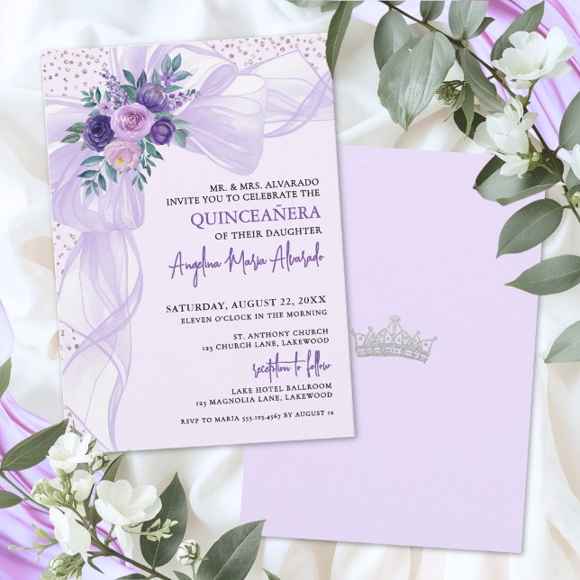 Invitación Quinceañera Floral de Lazo Púrpura (Purple Bow Quinceanera Invitation)