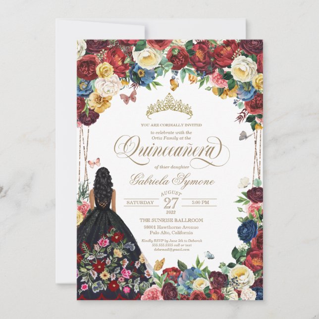 Invitación Quinceanera floral de mariposa de bordado mexicano (Anverso)