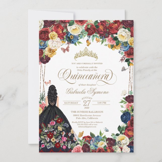 Invitación Quinceanera floral de mariposa de bordado mexicano (Anverso)