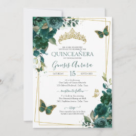 Invitación Quinceanera floral de mariposa dorada y verde esme