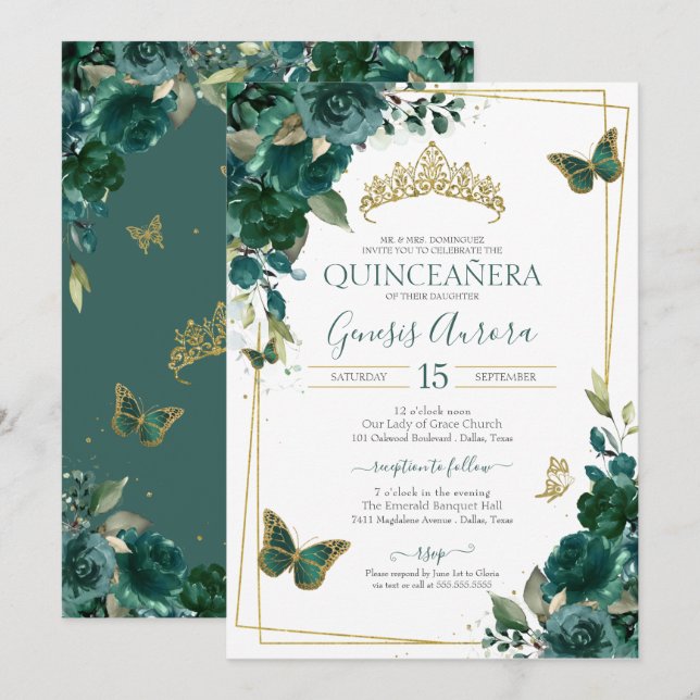 Invitación Quinceanera floral de mariposa dorada y verde esme (Anverso / Reverso)