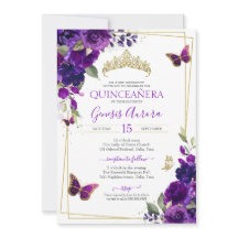 Quinceanera floral de mariposa morada y dorada