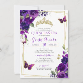 Invitación Quinceanera floral de mariposa morada y dorada