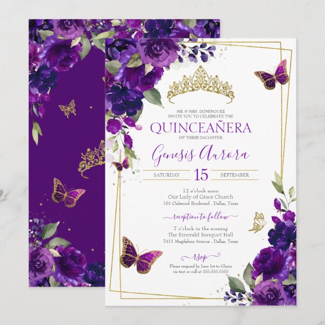 Invitación Quinceanera floral de mariposa morada y dorada (Anverso / Reverso)