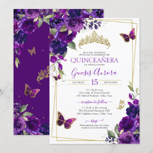 Invitación Quinceanera floral de mariposa morada y dorada