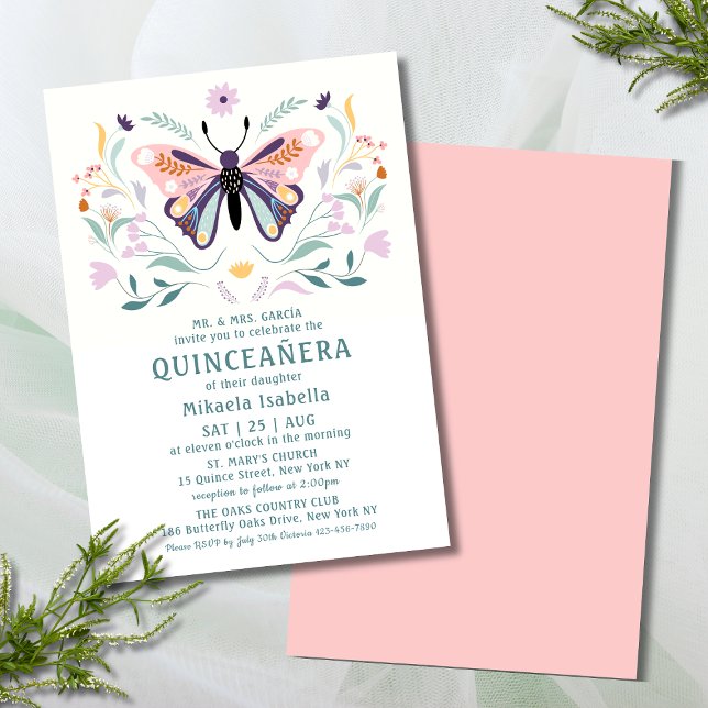Invitación Quinceañera Floral de mariposa púrpura rosada mode (Subido por el creador)