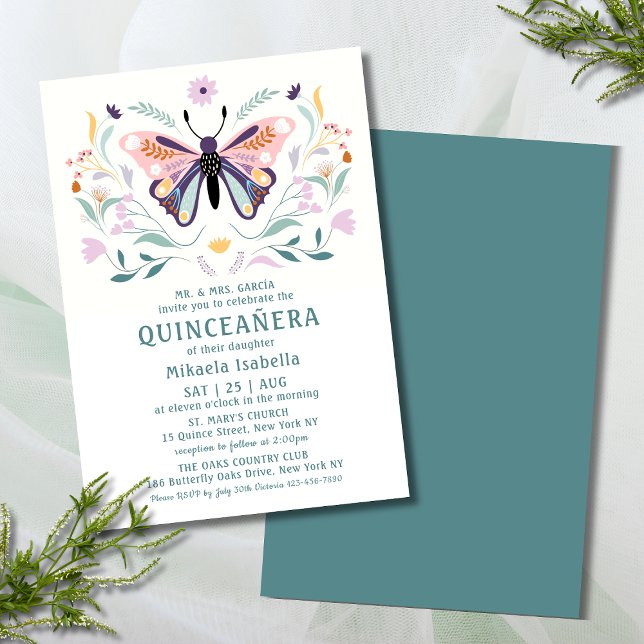 Invitación Quinceañera Floral de mariposa púrpura rosada mode (Subido por el creador)