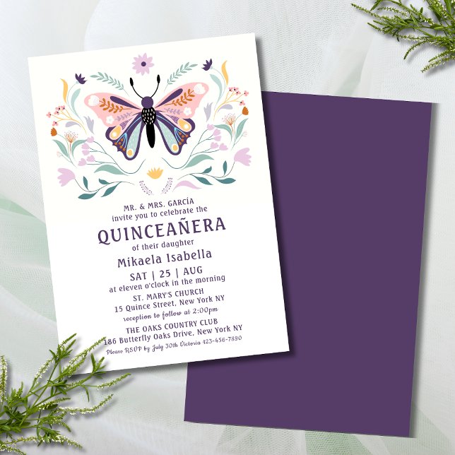 Invitación Quinceañera Floral de mariposa púrpura rosada mode (Subido por el creador)