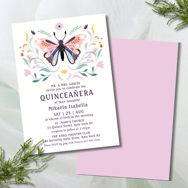 Invitación Quinceañera Floral de mariposa púrpura rosada mode (Subido por el creador)