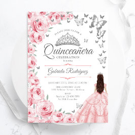 Invitación Quinceanera floral de mariposas rosadas de Rubor