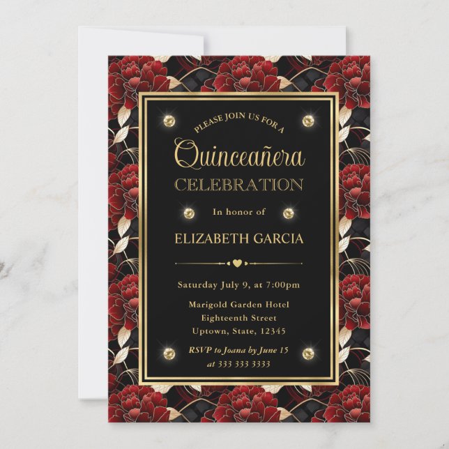 Invitación Quinceanera floral de mármol rojo negro y dorado (Anverso)