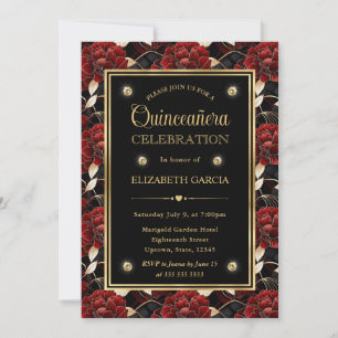 Invitación Quinceanera floral de mármol rojo negro y dorado