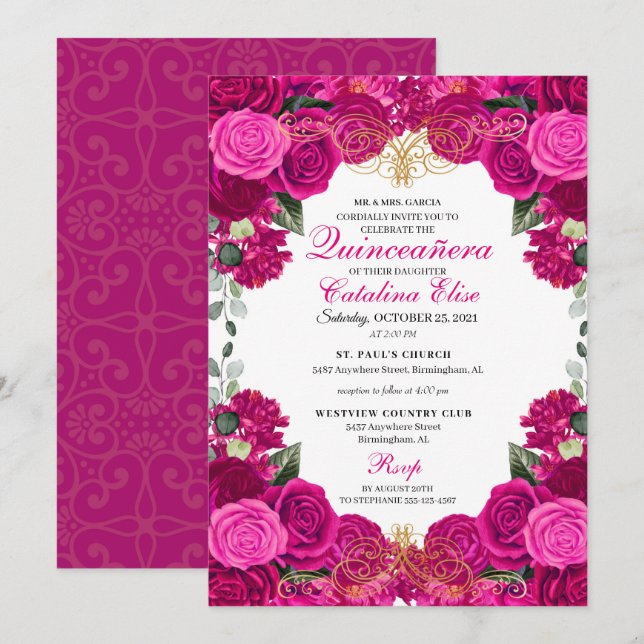 Invitación Quinceanera floral de oro (Anverso / Reverso)