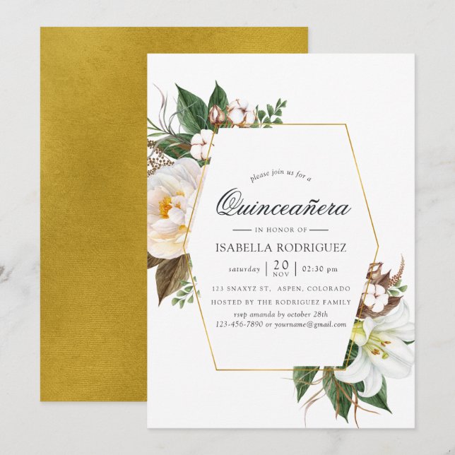 Invitación Quinceañera floral de oro (Anverso / Reverso)