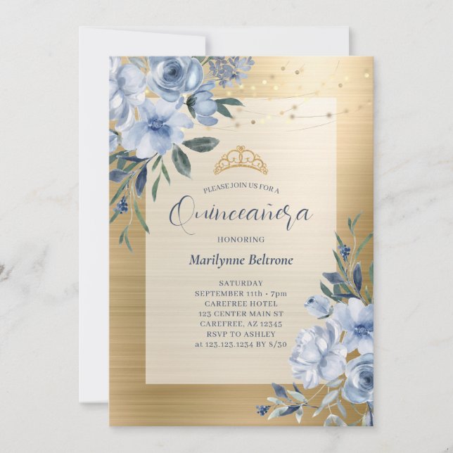 Invitación Quinceañera floral de oro azul turquesa (Anverso)