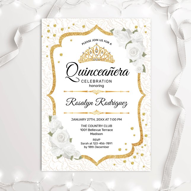 Invitación Quinceanera - Floral de oro blanco (Subido por el creador)