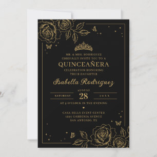 Invitación Quinceañera Floral de Oro Negro
