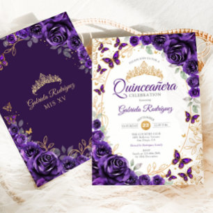 Invitación Quinceañera Floral de Oro Púrpura