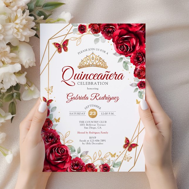 Invitación Quinceanera floral de oro rojo (Subido por el creador)