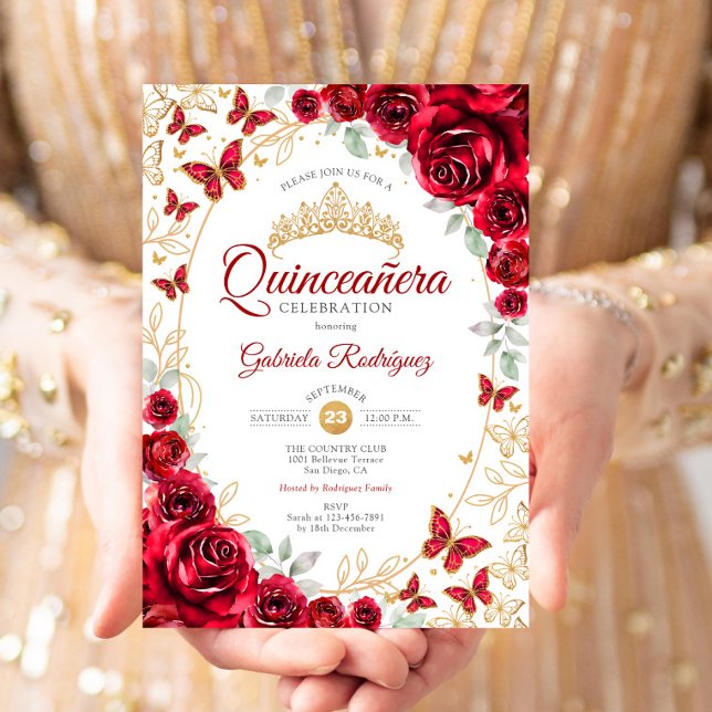 Invitación Quinceanera floral de oro rojo (Subido por el creador)