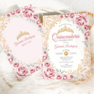 Invitación Quinceañera Floral de Oro Rosa