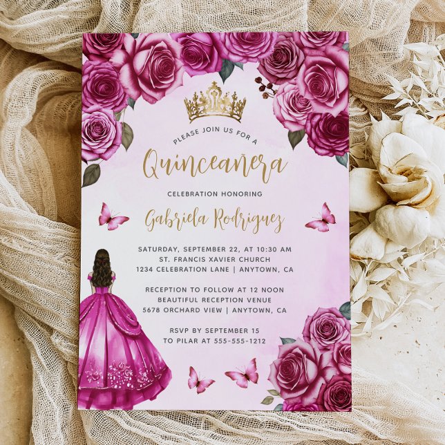 Invitación Quinceañera floral de oro rosa de Fuchsia (Subido por el creador)