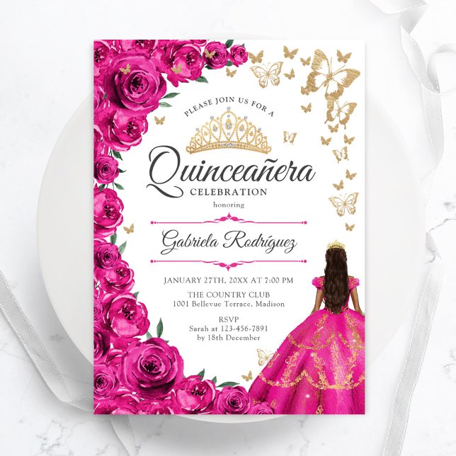 Invitación Quinceanera floral de oro rosa de Fuchsia (Subido por el creador)