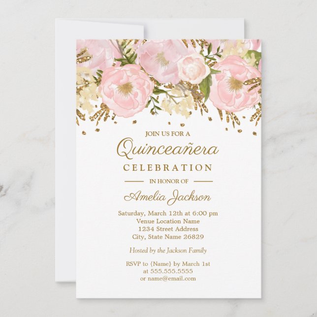 Invitación Quinceanera floral de oro rosa de Rubor (Anverso)