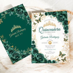 Invitación Quinceañera Floral de Oro Verde Esmeralda