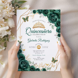 Invitación Quinceanera floral de oro verde esmeralda