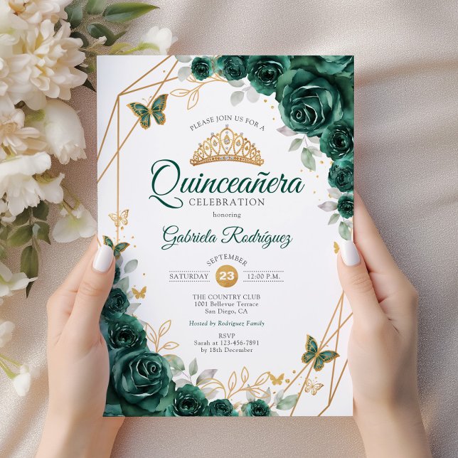 Invitación Quinceanera floral de oro verde esmeralda (Subido por el creador)