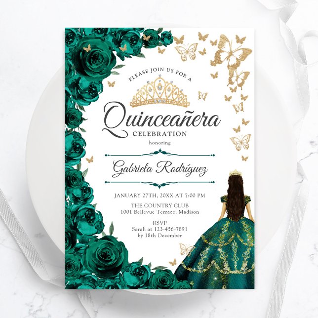 Invitación Quinceanera floral de oro verde esmeralda (Subido por el creador)