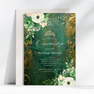 Invitación Quinceañera Floral de Oro Verde Esmeralda