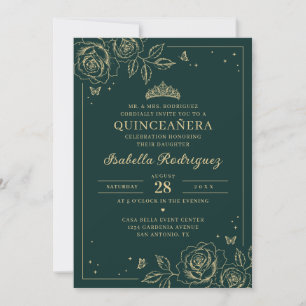 Invitación Quinceañera Floral de Oro Verde Esmeralda