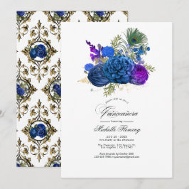 Invitación Quinceañera Floral de Pavón Vintage Azul y Dorado