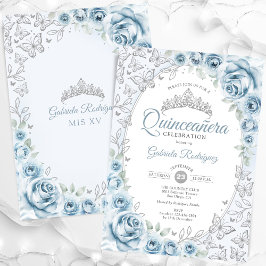 Invitación Quinceanera floral de plata azul bebé