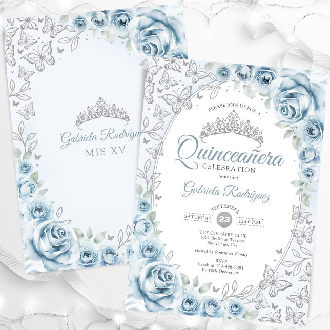 Invitación Quinceanera floral de plata azul bebé (Subido por el creador)
