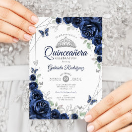 Invitación Quinceanera floral de plata marina