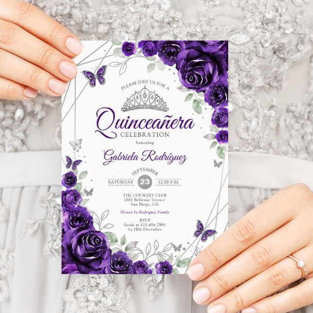 Invitación Quinceanera floral de plata morada (Subido por el creador)