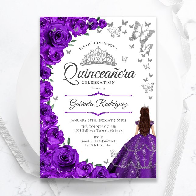 Invitación Quinceanera floral de plata morada (Subido por el creador)