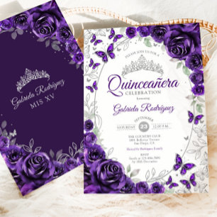 Invitación Quinceañera Floral de Plata Púrpura
