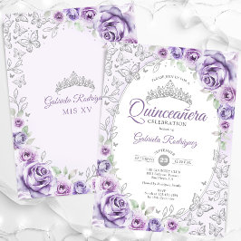 Invitación Quinceanera floral de plata púrpura Lilac