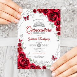 Invitación Quinceanera floral de plata roja