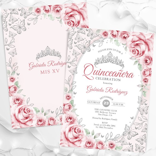 Invitación Quinceanera floral de plata rosa (Subido por el creador)