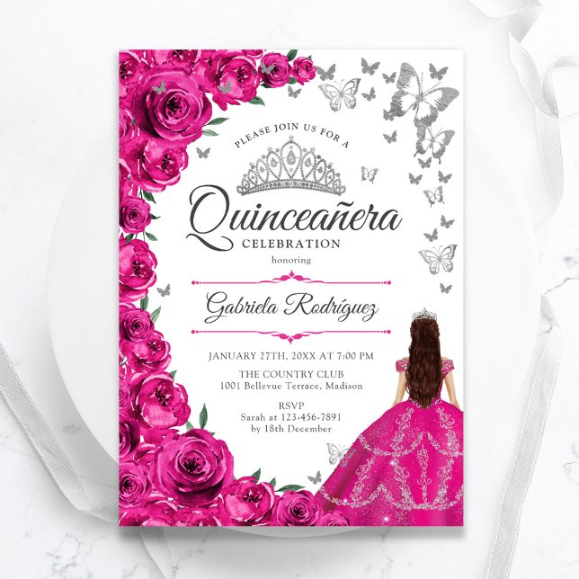 Invitación Quinceanera floral de plata rosa de Fuchsia (Subido por el creador)
