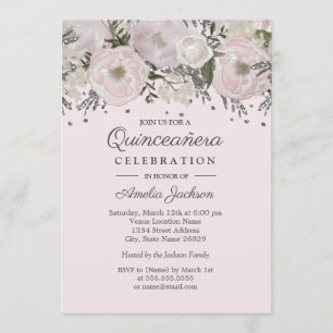 Invitación Quinceanera floral de plata rosada de Rubor