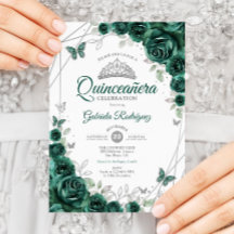 Quinceanera floral de plata verde esmeralda