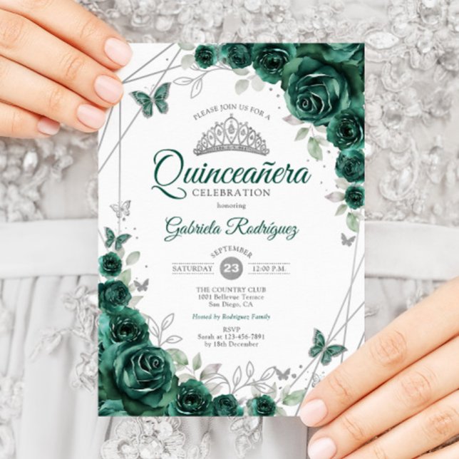 Invitación Quinceanera floral de plata verde esmeralda (Subido por el creador)
