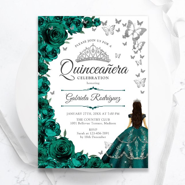 Invitación Quinceanera floral de plata verde esmeralda (Subido por el creador)